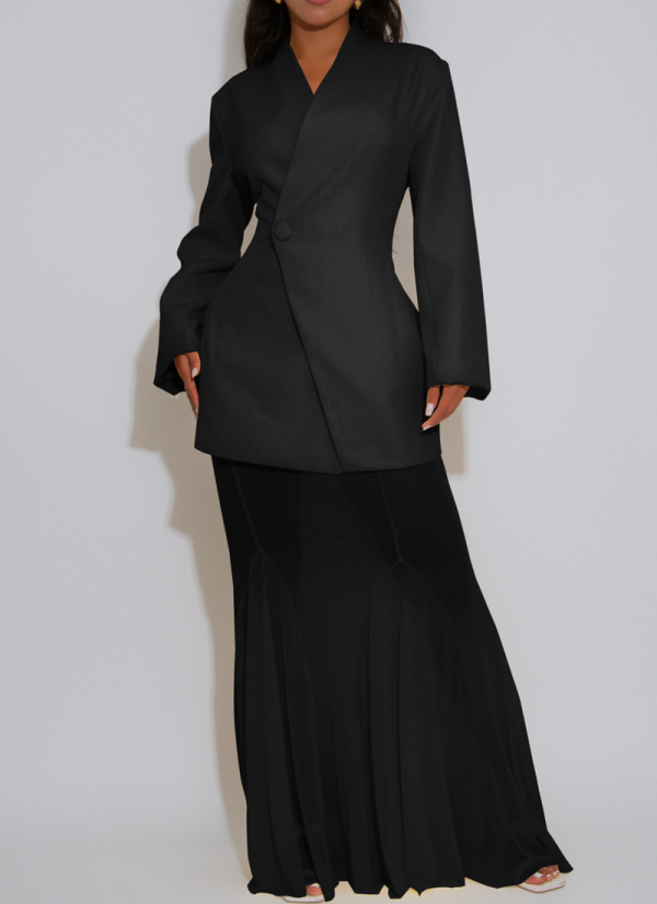 Elegant Solid Color Mesh V Neck Long Sleeve Two Pieces
