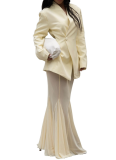 Elegant Solid Color Mesh V Neck Long Sleeve Two Pieces