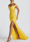 Sexy and Elegant Tube Top Backless Mesh Pleated Slit Hip Dress