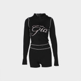 Fashion Print Slim Fit Elastic Hooded Sports Style Long Sleeve Jacket Shorts Set
