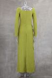 Personalized Pleated Twisted Rope Decoration Square Neck Long Sleeve Slim Maxi Dress