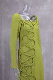 Personalized Pleated Twisted Rope Decoration Square Neck Long Sleeve Slim Maxi Dress