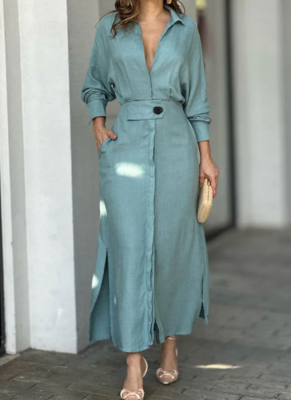 Solid Color Tie Waist Long Sleeve Irregular Shirt Dress