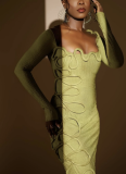 Personalized Pleated Twisted Rope Decoration Square Neck Long Sleeve Slim Maxi Dress