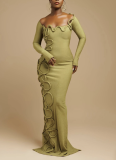 Personalized Pleated Twisted Rope Decoration Square Neck Long Sleeve Slim Maxi Dress