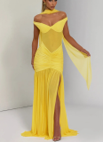Sexy and Elegant Tube Top Backless Mesh Pleated Slit Hip Dress