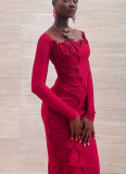 Personalized Pleated Twisted Rope Decoration Square Neck Long Sleeve Slim Maxi Dress