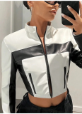 New Arrival Slim Fit Navel-baring Contrasting Color PU Leather Stand Collar Zipper Leather Jacket