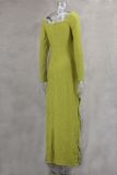 Personalized Pleated Twisted Rope Decoration Square Neck Long Sleeve Slim Maxi Dress