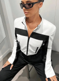 New Arrival Slim Fit Navel-baring Contrasting Color PU Leather Stand Collar Zipper Leather Jacket