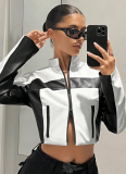 New Arrival Slim Fit Navel-baring Contrasting Color PU Leather Stand Collar Zipper Leather Jacket