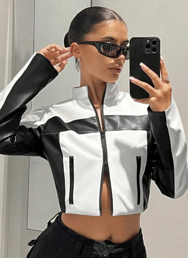 New Arrival Slim Fit Navel-baring Contrasting Color PU Leather Stand Collar Zipper Leather Jacket
