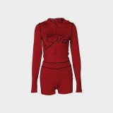 Fashion Print Slim Fit Elastic Hooded Sports Style Long Sleeve Jacket Shorts Set