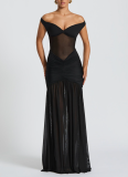 Sexy and Elegant Tube Top Backless Mesh Pleated Slit Hip Dress