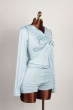 Fashion Print Slim Fit Elastic Hooded Sports Style Long Sleeve Jacket Shorts Set