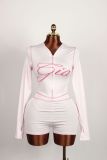 Fashion Print Slim Fit Elastic Hooded Sports Style Long Sleeve Jacket Shorts Set
