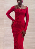 Personalized Pleated Twisted Rope Decoration Square Neck Long Sleeve Slim Maxi Dress