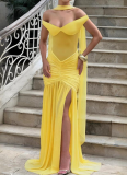 Sexy and Elegant Tube Top Backless Mesh Pleated Slit Hip Dress