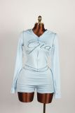 Fashion Print Slim Fit Elastic Hooded Sports Style Long Sleeve Jacket Shorts Set