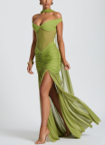 Sexy and Elegant Tube Top Backless Mesh Pleated Slit Hip Dress