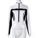 New Arrival Slim Fit Navel-baring Contrasting Color PU Leather Stand Collar Zipper Leather Jacket