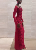 Personalized Pleated Twisted Rope Decoration Square Neck Long Sleeve Slim Maxi Dress