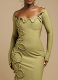 Personalized Pleated Twisted Rope Decoration Square Neck Long Sleeve Slim Maxi Dress