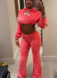 Coral Powder Casual Solid Color Patchwork Hooded Long Sleeve Two Pieces