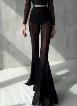 Fashion New Mesh See-through Stretch Slim Flared Trousers