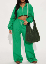 Green Fashion Casual Hooded Cardigan Wide Leg Two-Piece Set
