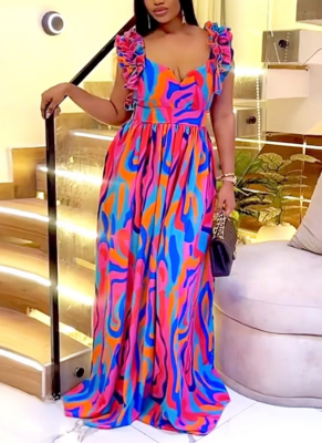 Rose Red Elegant Print Flounce Contrast V Neck Printed Dresses