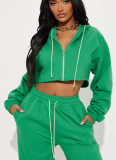 Green Fashion Casual Hooded Cardigan Wide Leg Two-Piece Set