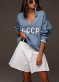 Loose and Versatile Letter Contrast Color V-neck Sweater Knitted Top