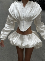 New Creative Street Fashion Irregular Zipper Top and Flower Bud Skirt Suit