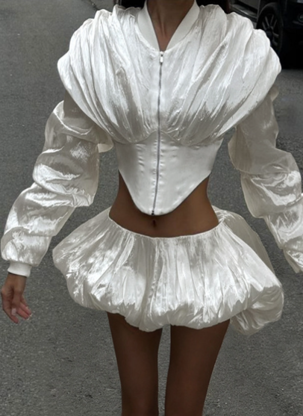 New Creative Street Fashion Irregular Zipper Top and Flower Bud Skirt Suit