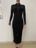 Black Casual Solid Color Zipper Mandarin Collar Wrapped Skirt Dresses