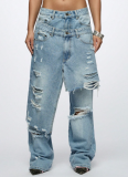 Casual Solid Color Ripped Loose Denim Jeans