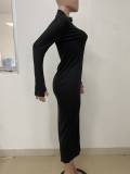 Black Casual Solid Color Zipper Mandarin Collar Wrapped Skirt Dresses