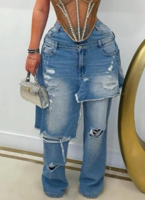 Casual Solid Color Ripped Loose Denim Jeans