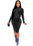 Sexy Gold Velvet and Elastic Mesh Long-sleeved Dress