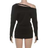 Fashion Solid Color Creative Off-shoulder Long-sleeved Tight Hip Dress