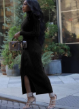 Black Casual Solid Color Zipper Mandarin Collar Wrapped Skirt Dresses