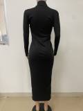 Black Casual Solid Color Zipper Mandarin Collar Wrapped Skirt Dresses