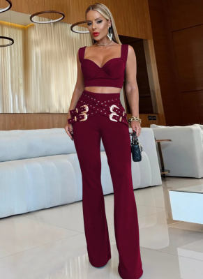 Fashion Women's Sexy Casual Chicken Eye Top And Trousers Two-Piece Suit