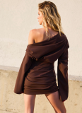 Mature Solid Color Long-Sleeved Off-Shoulder Loose Short Dress