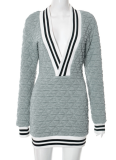 Sexy Deep V Diamond-Patterned Cotton Long-Sleeved Hip Dress