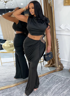 Fashionable Women's Casual Sleeveless Navel-Baring Top And Trousers Two-Piece Suit