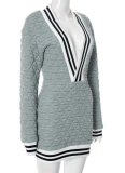 Sexy Deep V Diamond-Patterned Cotton Long-Sleeved Hip Dress