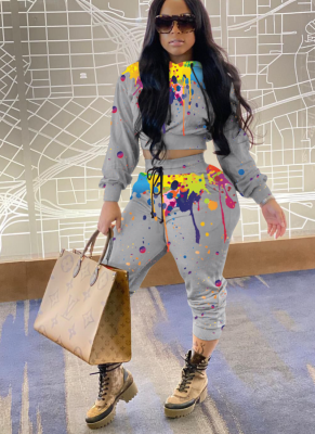Fashion Drawstring Solid Color Ink Splash Hooded Long-sleeved Trousers Two-piece Suit