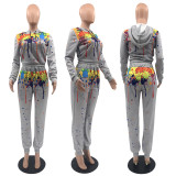 Fashion Drawstring Solid Color Ink Splash Hooded Long-sleeved Trousers Two-piece Suit